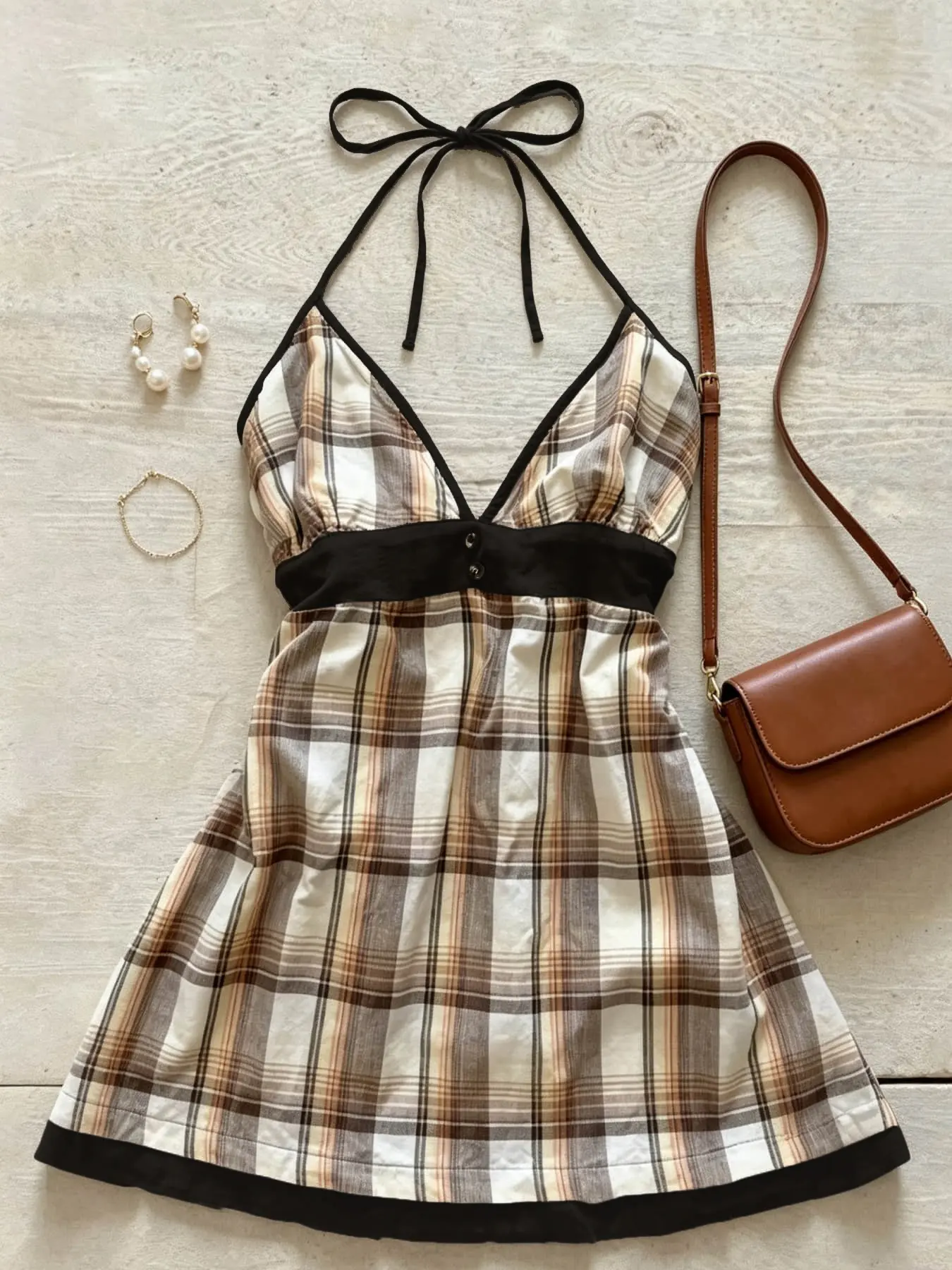 A women's fashionable coffee brown retro plaid hanging neck suspender short skirt with a deep V-neck tie design A-line dress, suitable for commuting indoor and outdoor wear