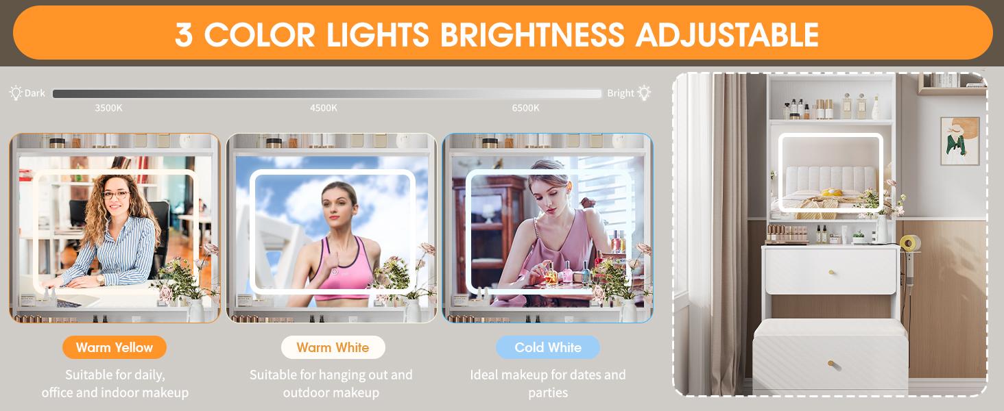 Vabches Make Up Vanity Desk with Mirror and Lights, White/Pink Vanity Table Set with Charger Station,Girls Small Vanity