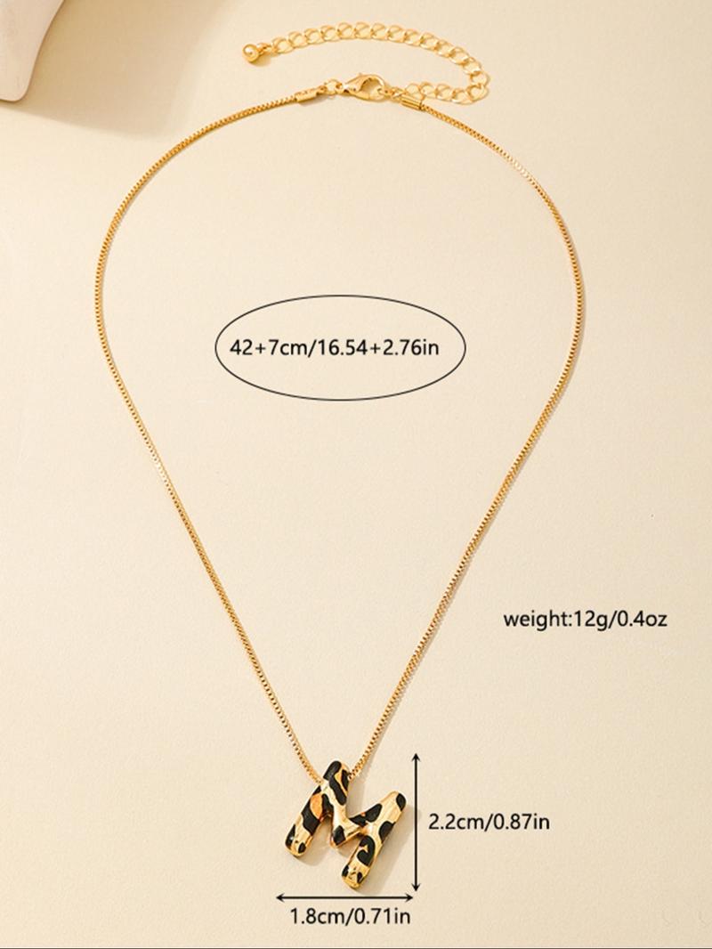 Women's Leopard Print Letter Pendant Necklace, Metal Alphabet Chain Jewelry, Casual Daily Wear Accessory, Perfect Gift Idea, Letters Necklace