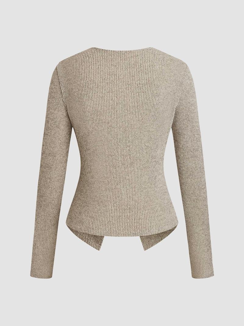 Women's Casual Elegant Ribbed Knit Button Long Sleeve Top, Fitted Plain Design, All Season Wear, Moderate Fabric Thickness, Knitwear