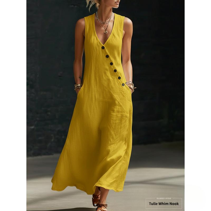 Women's Minimalist Basic Casual Sleeveless Solid Color Buttoned A-Line Tank Dress - New European/American Spring-Summer Normal Type Plus Size Elegant Womenswear, Xxl