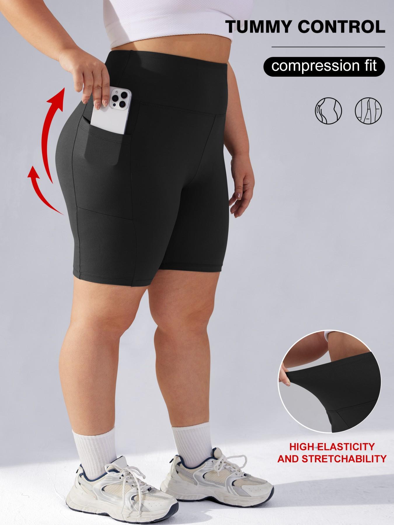 Women's Plus Size High Waist Elastic Skinny Pants, Abdominal Control, Pocket Design, Casual Comfort for Daily Wear & Outdoor Activities, Soft Stretch Shorts