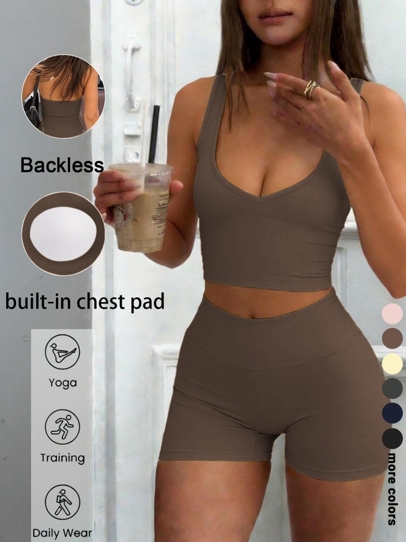 Sexy U-Neck Backless Halter Top Shorts Set, Elastic Comfortable Casual Wear, Perfect for Gym Yoga Running Daily