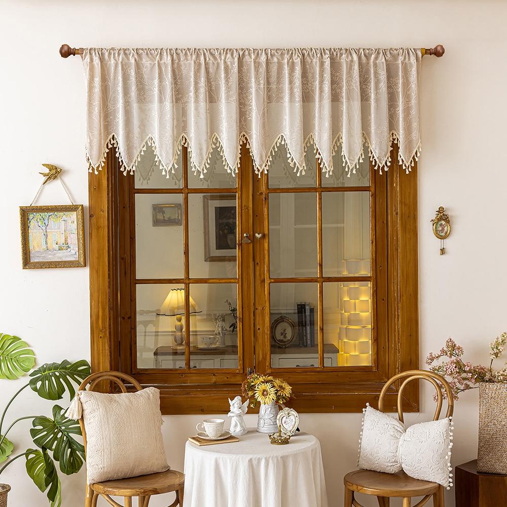 1pc American Country Leaf Embroidered Triangle Fringe Half Curtain, Vintage Coffee Shop Curtain, Kitchen Window Decor, Retro Style