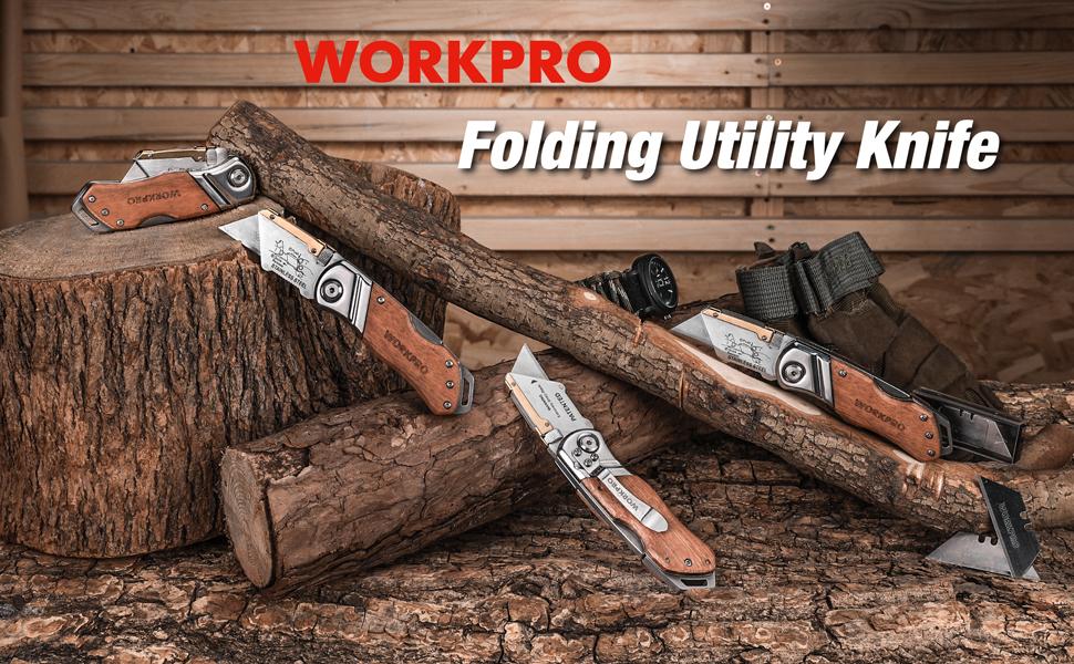 #JumpstartSale WORKPRO Folding Utility Knife with Belt Clip and Extra 10-piece Blades, Wood Handle Heavy Duty Cutter, Quick-change & Back Lock