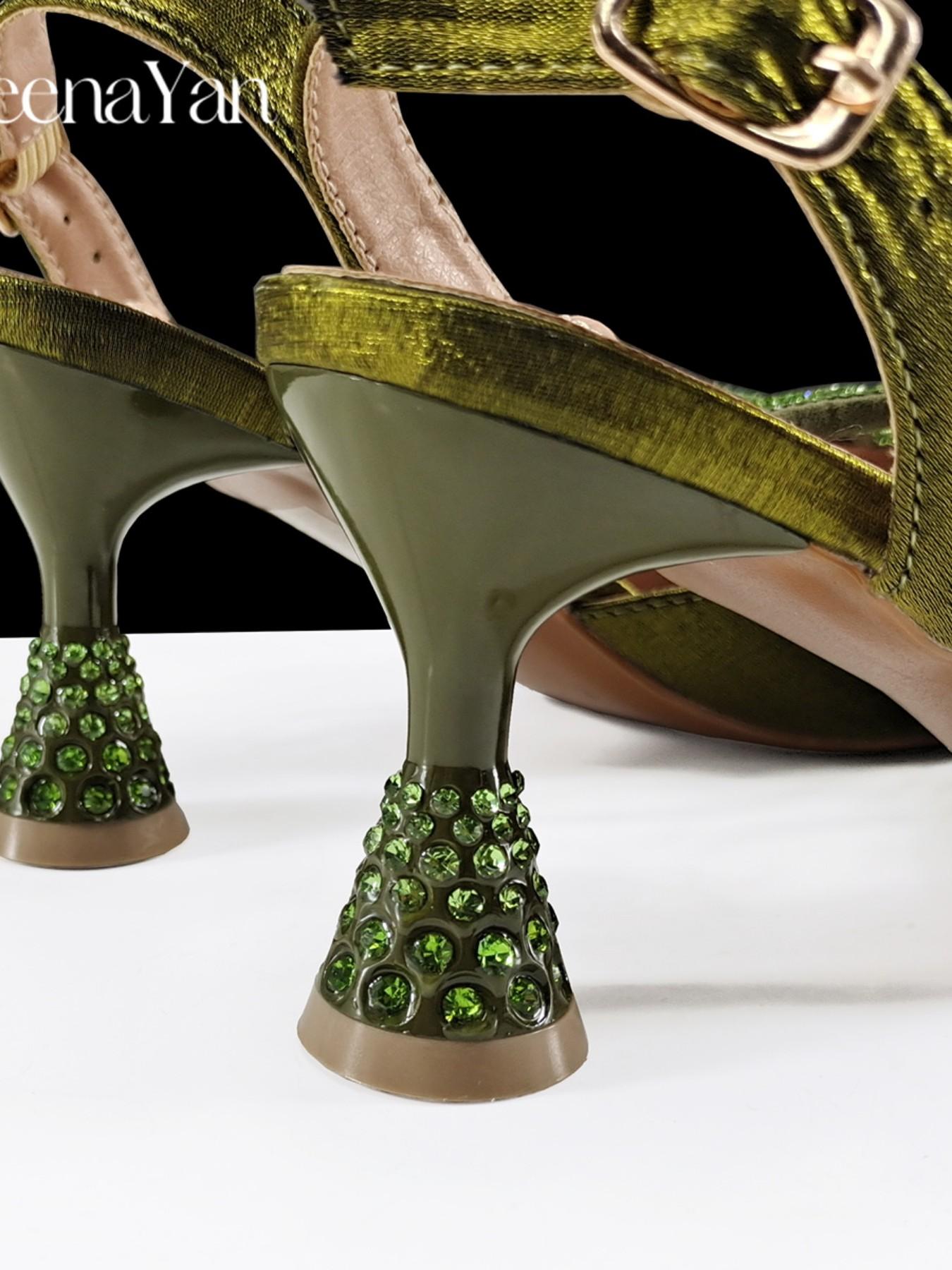 2026 Party New Italian Style High Heels with Bag, Style, Pointed Toe, Metal Decor, Rhinestone Accent, Elegant Olive Color, Women's High Heels