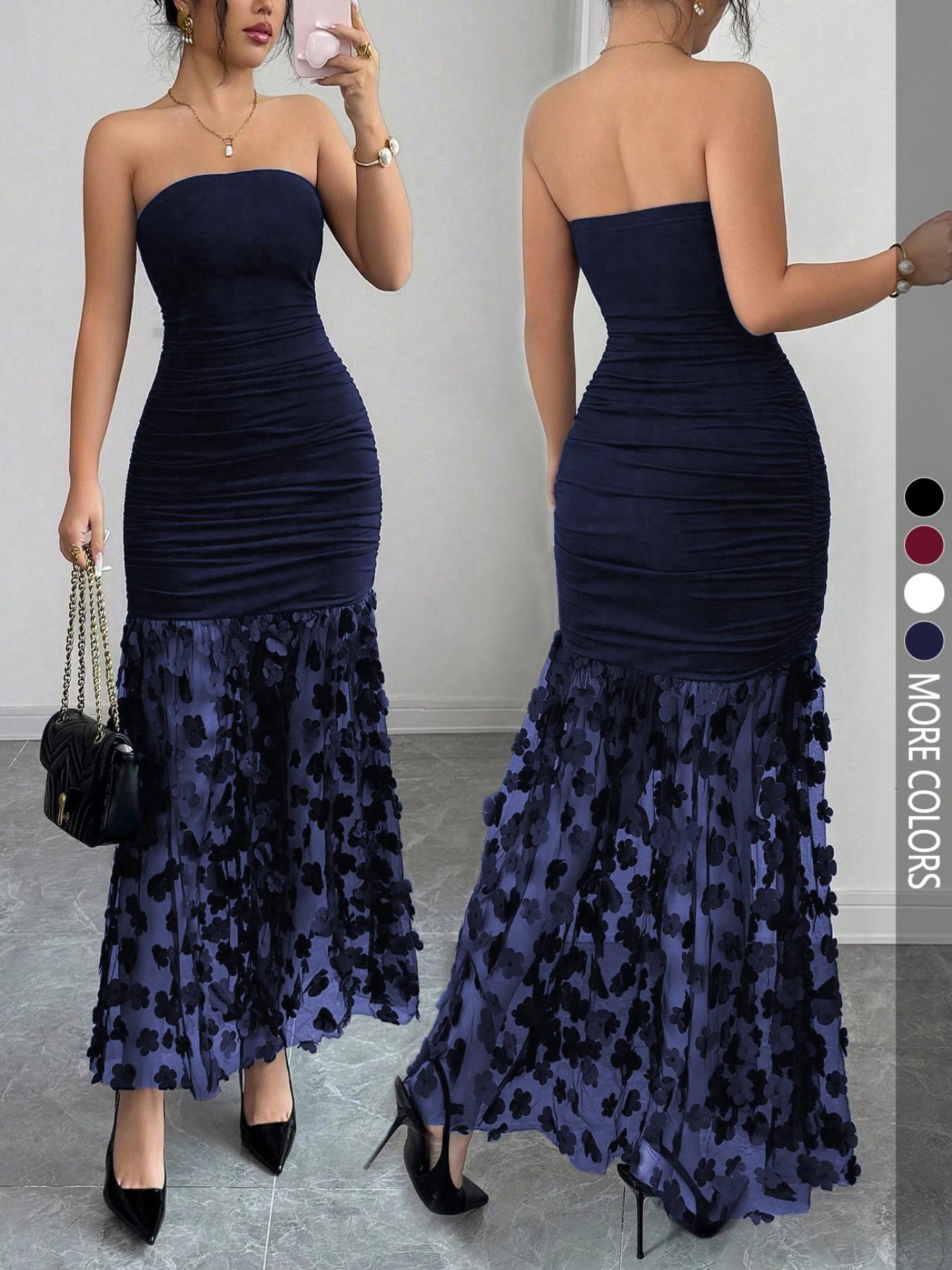 Strapless Solid Color Floral Sheer Slimming Evening Party Wear Gown, Sexy Sheer Mesh Hem Bodycon Dress for Women