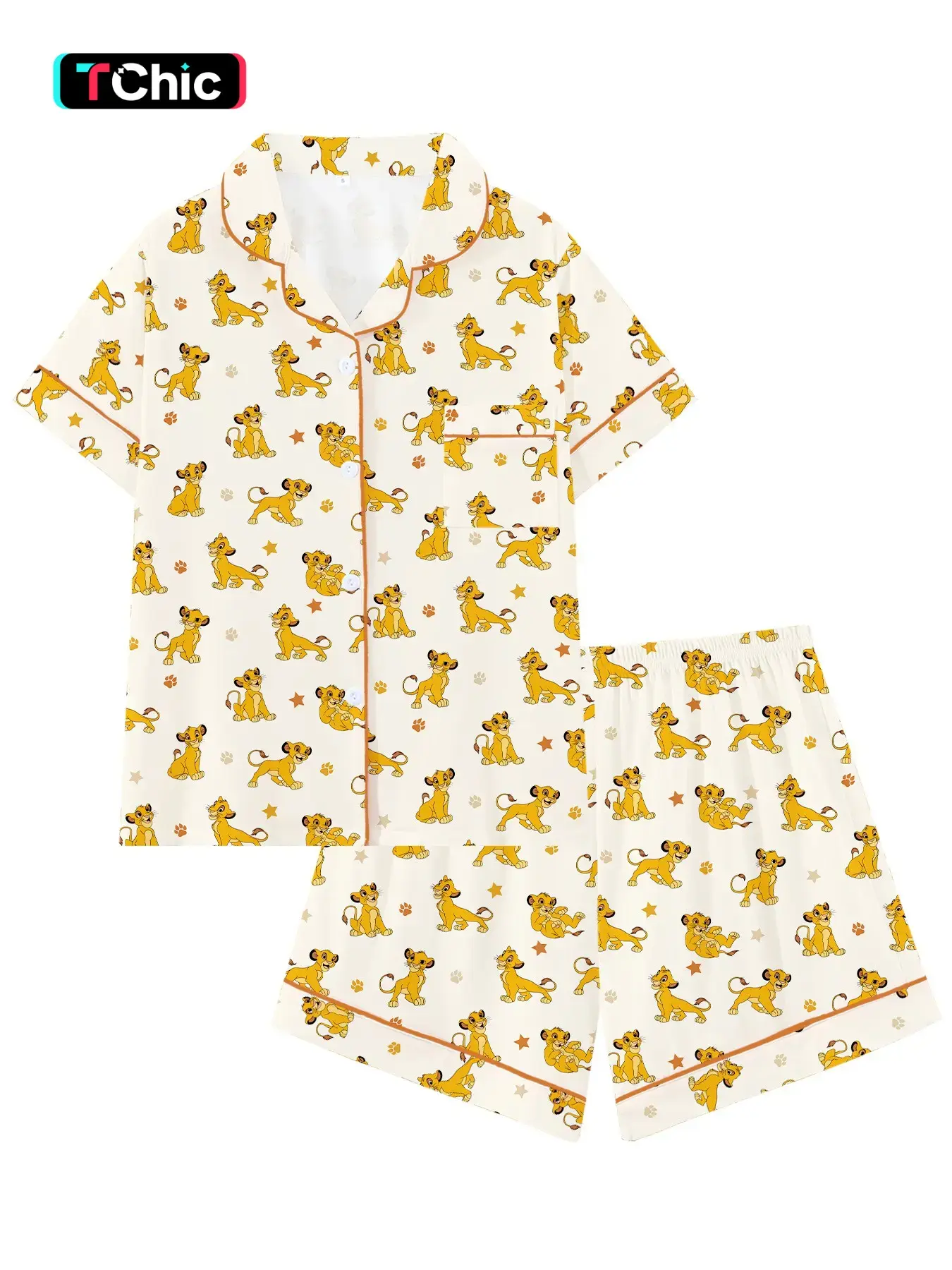 Lion Animal Print Short Sleeve Pajama Set, Pjs, Pyjamas, Matching Pajamas, Comfortable Sleepwear Loungewear Homewear for Home and Outdoors, Perfect Gift for Relaxing Nights
