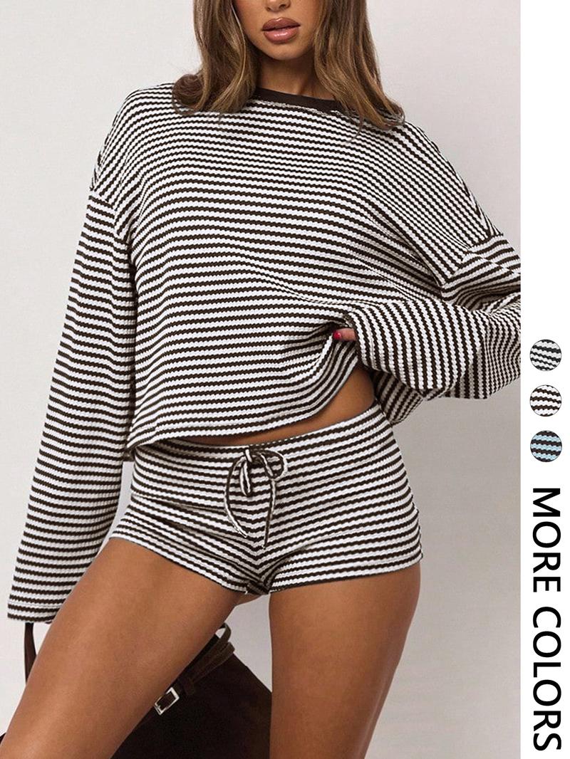 Women's Casual Striped Long Sleeve Top + Shorts Set, 2 Piece, Comfortable and Stylish, Perfect for Daily Wear