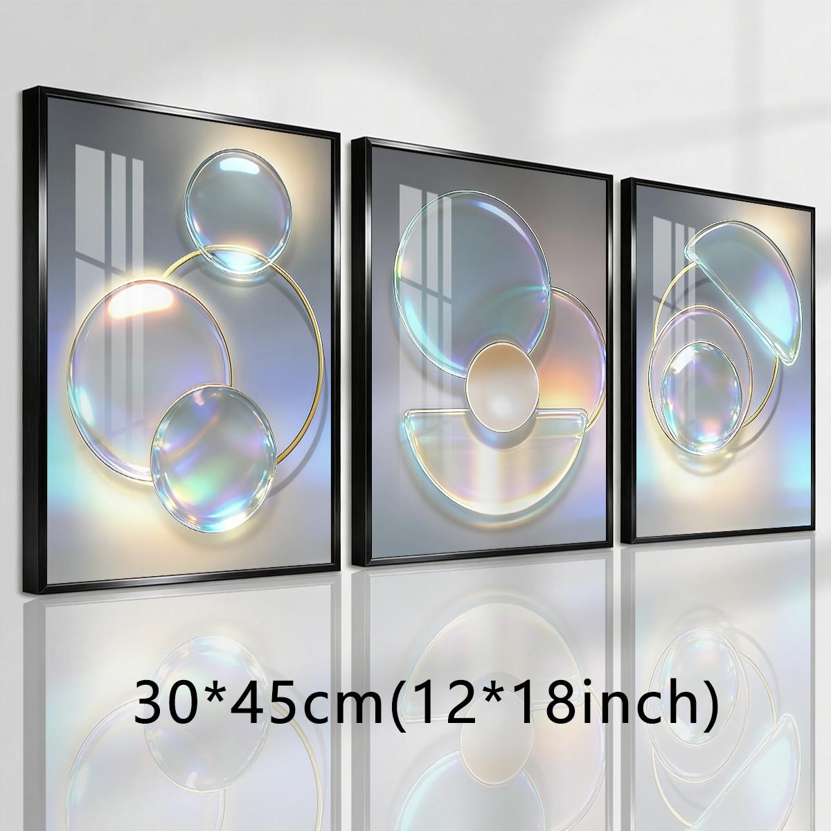 3 Counts Aluminum Alloy Framed Painting, Abstract Iridescent Glass Circles Design, Home Decoration For Living Room, Bedroom, Office, Restaurant, Hallway Wall Decor, Odorless Print Artwork, Luxury Perfect Gift For Friends And Family