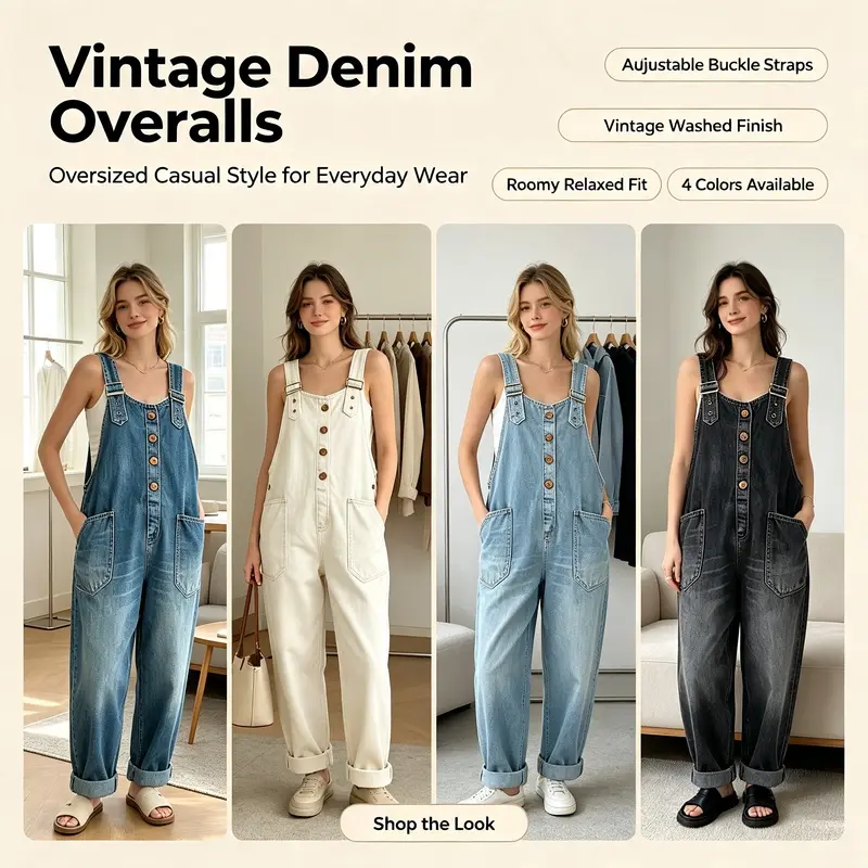 Women's Vintage Washed Denim Overalls, Adjustable Buckle Strap Loose‑Fit Casual Jumpsuit, Button Front Wide Leg Long Bib Overalls for Ladies