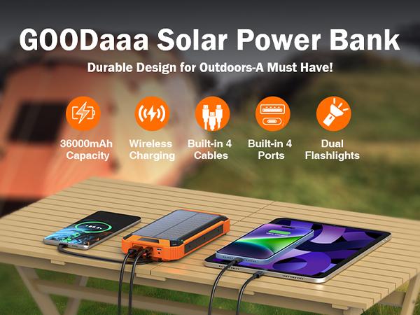 GOODaaa W22 36000mAh Solar Power Bank Wireless Charger Built in 4 Cables 6 Outputs 15W Fast Charging Power Bank for All Mobile Devices 3 Inputs Solar Portable Charger with Dual Flashlights, Carabiner