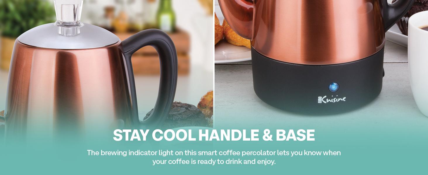 PER12 Stainless Coffee Percolator, 12 Cup, Polished Copper Finish, Gooseneck Spout, Clear Knob, Brewing Indication, Keep-Warm Function, Detachable Cord
