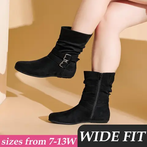 Luoika Women's Wide Width Ankle Boots - Black Brown Short Boots Block Low Heel Side Zipper Booties Footwear Walking Shoes Girl Bota Creeper Bridal Sizes 7-13W