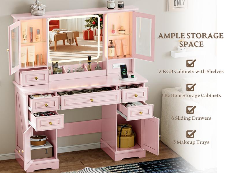 Led Light Vanity,Adjustable Lighting Makeup Vanity Set，Farmhouse Vanity Desk with Mirror and Lights,Large Makeup Table Set with RGB Cabinets,6 Drawers and Storage Shelves Dressing Table for Bedroom Dressing Room，