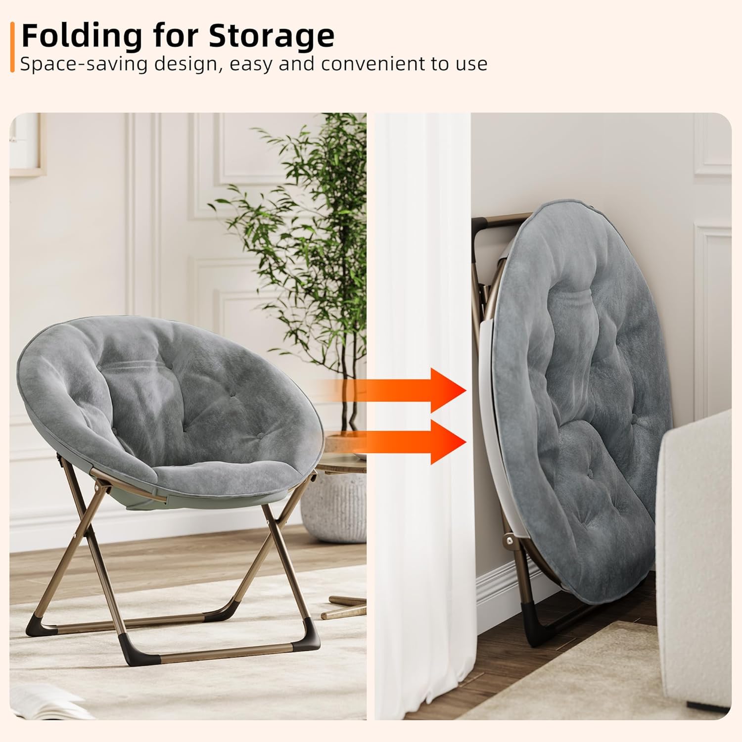 Comfy Oversized Saucer Chair, Soft Faux Fur Folding Moon Chair, Thick Padded Reading Lounge Chair with Stable Metal Frame for Living Room, Dorm, Office