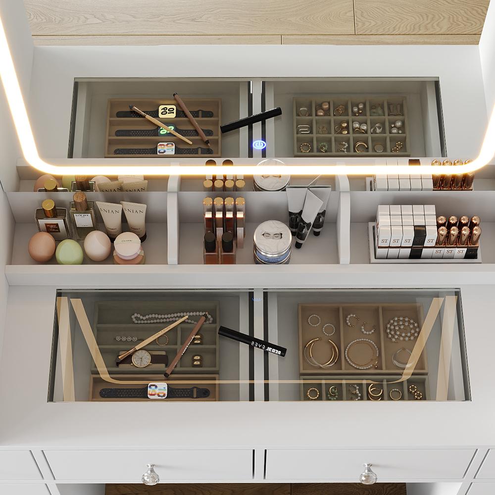 FUSOU 12 Drawers Makeup Vanity with Charging Station【Shipping By 2 Packages】Vanity Desk with LED Mirror & 2 Glass Cabinet, 3 Color Modes, Brightness Adjustable, Glass Top, Dressing Table with Chair for Bedroom (12 Drawers)