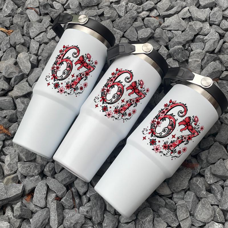 30oz Handheld Insulated Cup with Rose Pattern, Large Capacity Stainless Steel Water Bottle with Straw, Ideal for Sports Outdoor Home Travel Gift