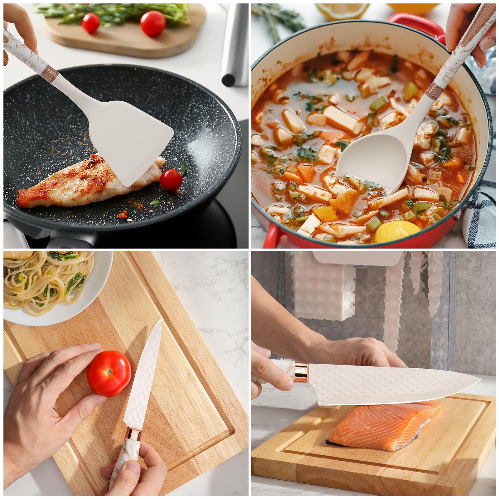 16 Piece Kitchen Knife Set, Silicone Kitchen Utensils Set, Clear Storage Rack, Can Cut Meat and Vegetables, Can Cook Noodles, Can Make Soup, Can Stir-Fry, Gift Set