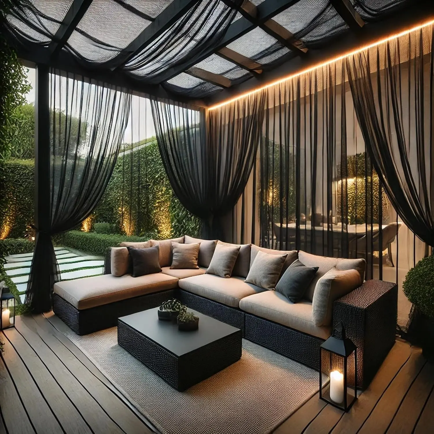 Extra Wide Outdoor Curtains Waterproof Black Voile Mesh Screen Lightweight Privacy Bug Netting for Patio Porch Balcony Pergola Terrace, W125 x L98 inch per Panel, 2 Panels