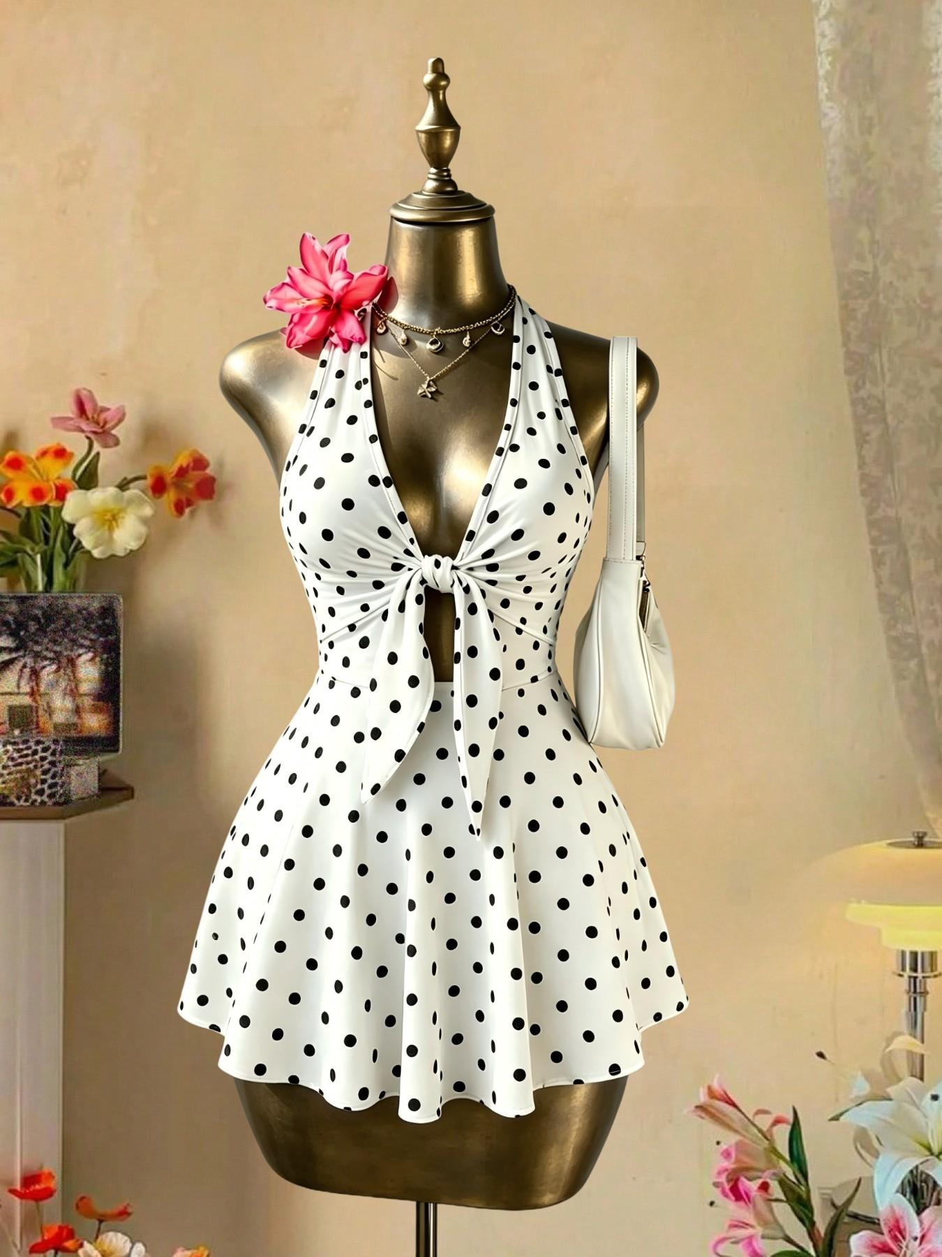 Sexy Halter Deep V Neck Hollow Out A-Line Dress, Summer Streetwear Short Dress, Trendy Single Piece, Graphic, Perfect for Casual, Chic Casual Outfits