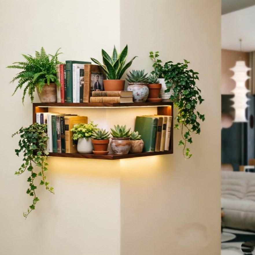 Wall Corner Shelf for Living Room and Bedroom, Vintage Style Floating Storage Rack, Versatile Decorative Organizer for Plants and Books