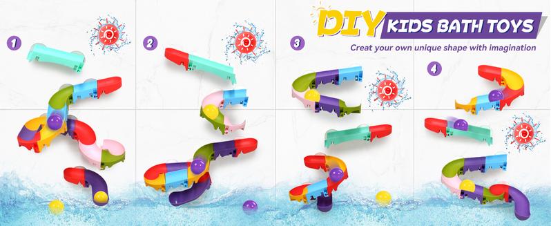 Pool Toys for Kids Mold Free Water Toys DIY Slippery Slide Track Fun Kids Swimming Ball Toys Christmas Birthday Gift for Boys Girls Bath Time Safety Rubber Marble Run Interaction Engagement