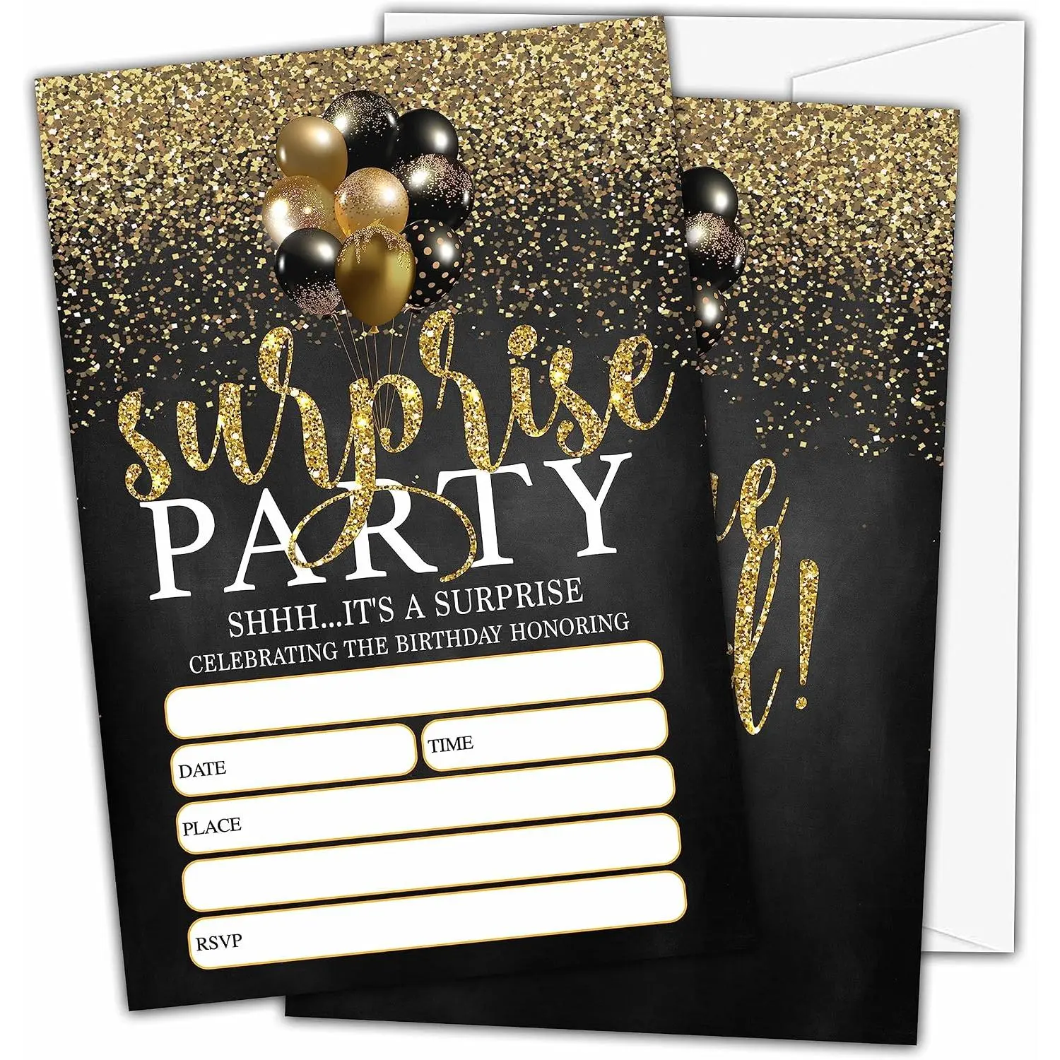 Shhh It's A Surprise Birthday Invitations, Surprise Theme Birthday Party Invitations for Boys Girls Kids, Black and Gold Balloons Fill In Birthday Party Invites, 20 Invitations with Envelopes (D02)