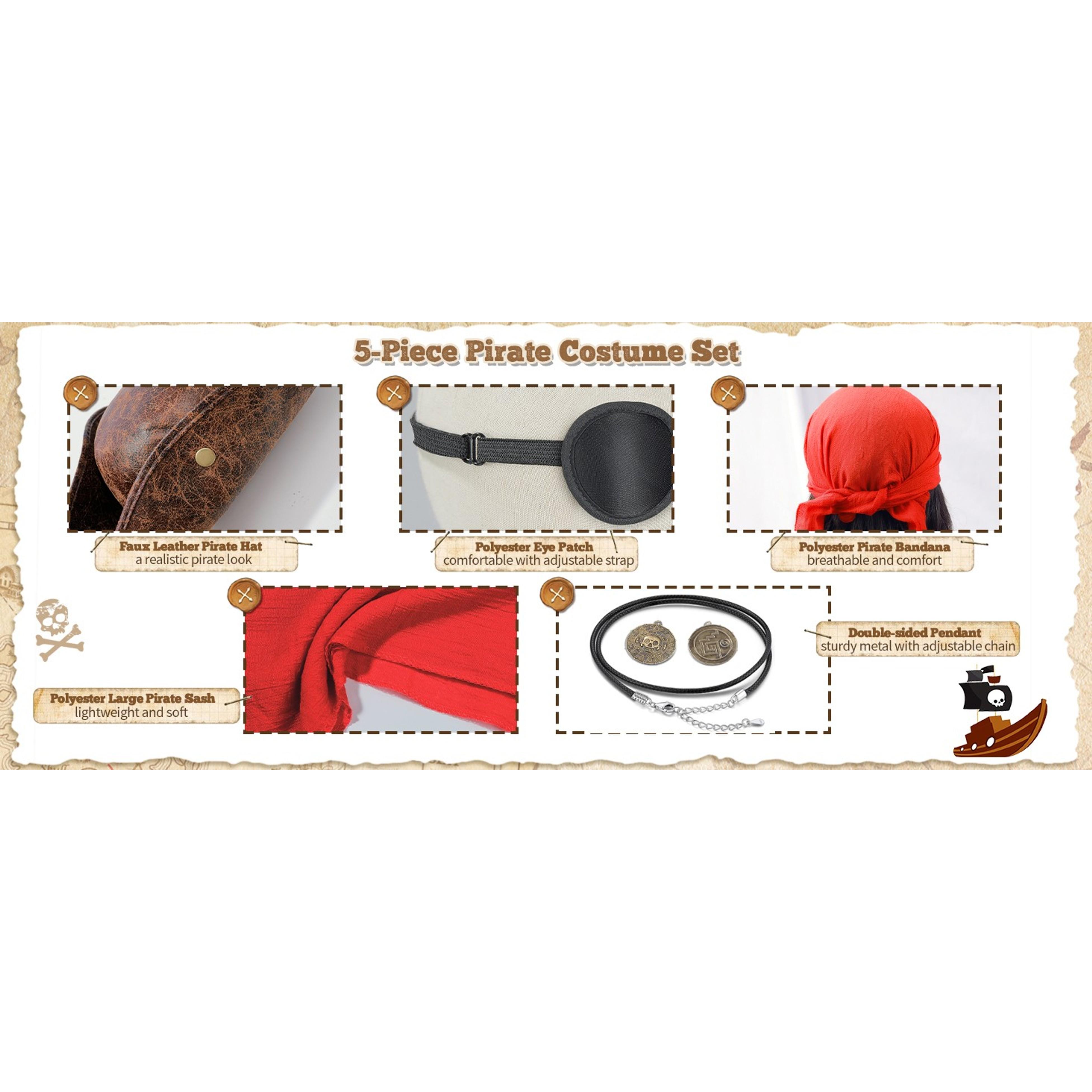 5PCS Pirate Costume Accessories Set for Men, Halloween Pirate Hat, Faux Leather Tricorn Hat, Bandana, Red Sash, Eye Patch & Necklace, Medieval Renaissance Cosplay Accessories(Gift)