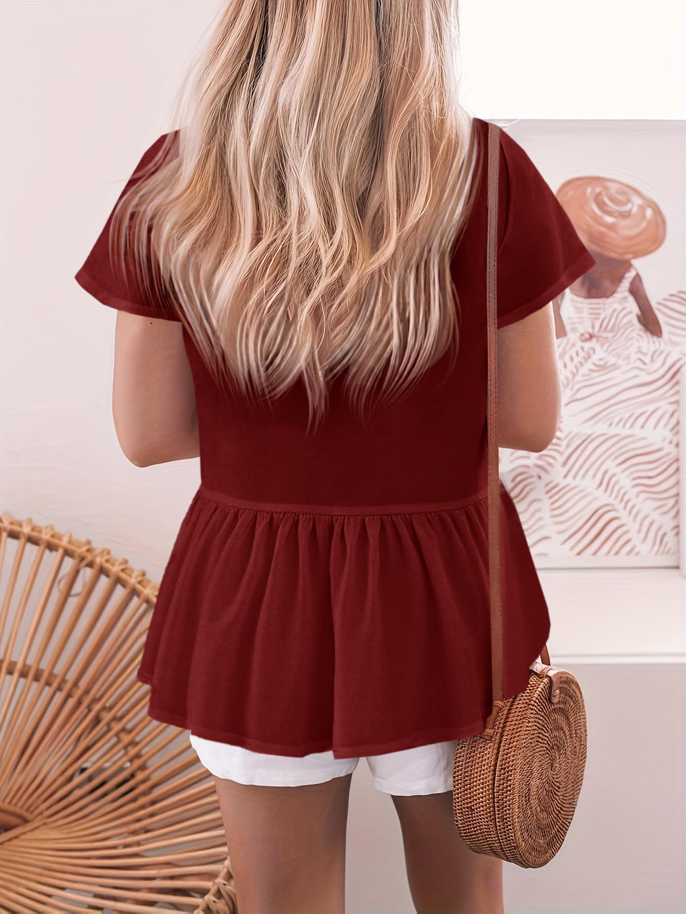 Imily Bela Womens Short Sleeve V Neck Blouse Button Down Shirt Loose Casual Ruffle Hem Babydoll Peplum Tops