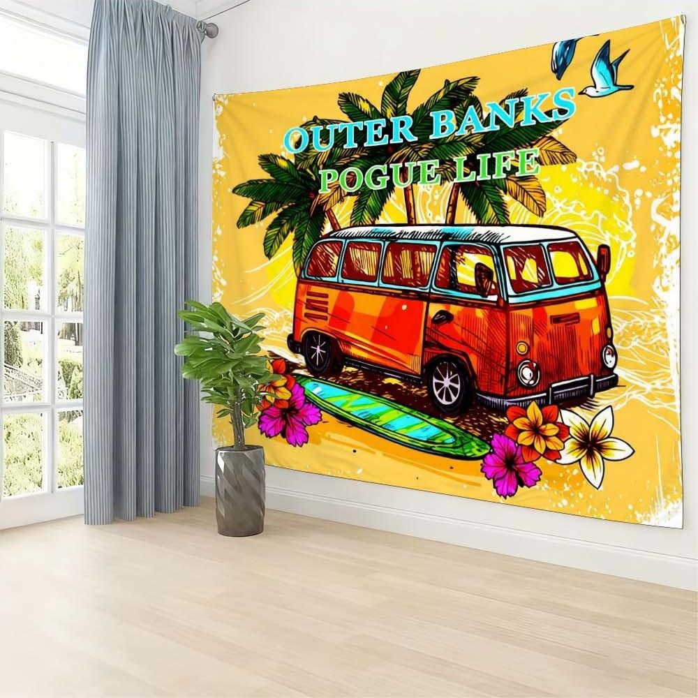 1PC colorful tropical themed wall hanging for living rooms bedrooms and events retro van and palm tree design great for celebrations and gatherings festive atmosphere enhancement lightweight decorative fabric for home holidays parties