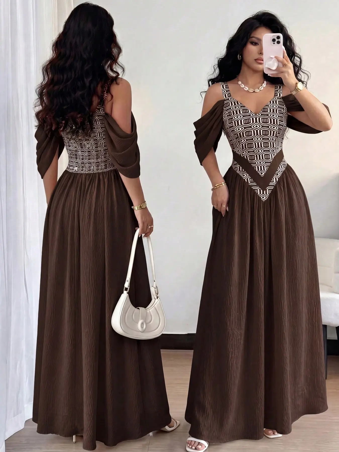 Women's Nude Color Off-Shoulder Heart Neck Geometric Embroidery Long Dress, Elegant Vacation Dress, High Waist A-Line, All Seasons, Casual Elegant Dresses