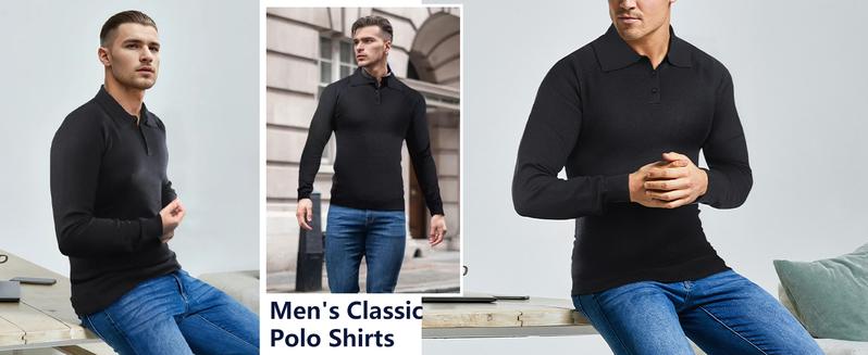 GINGTTO Men's Long Sleeve Knit Polo Sweater Shirt Slim Fit Stretch Muscle Tee Classic Pullover Golf Shirt with Collar