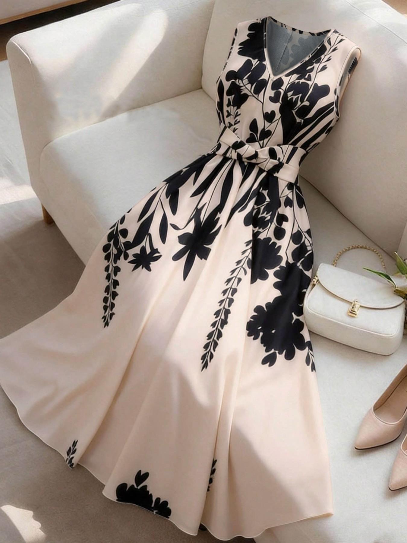 Women's Fashion Casual Sleeveless Floral Print Dress, Waist-Cropped Flare Skirt, Summer Vacation, Office, Beach, Graduation Party