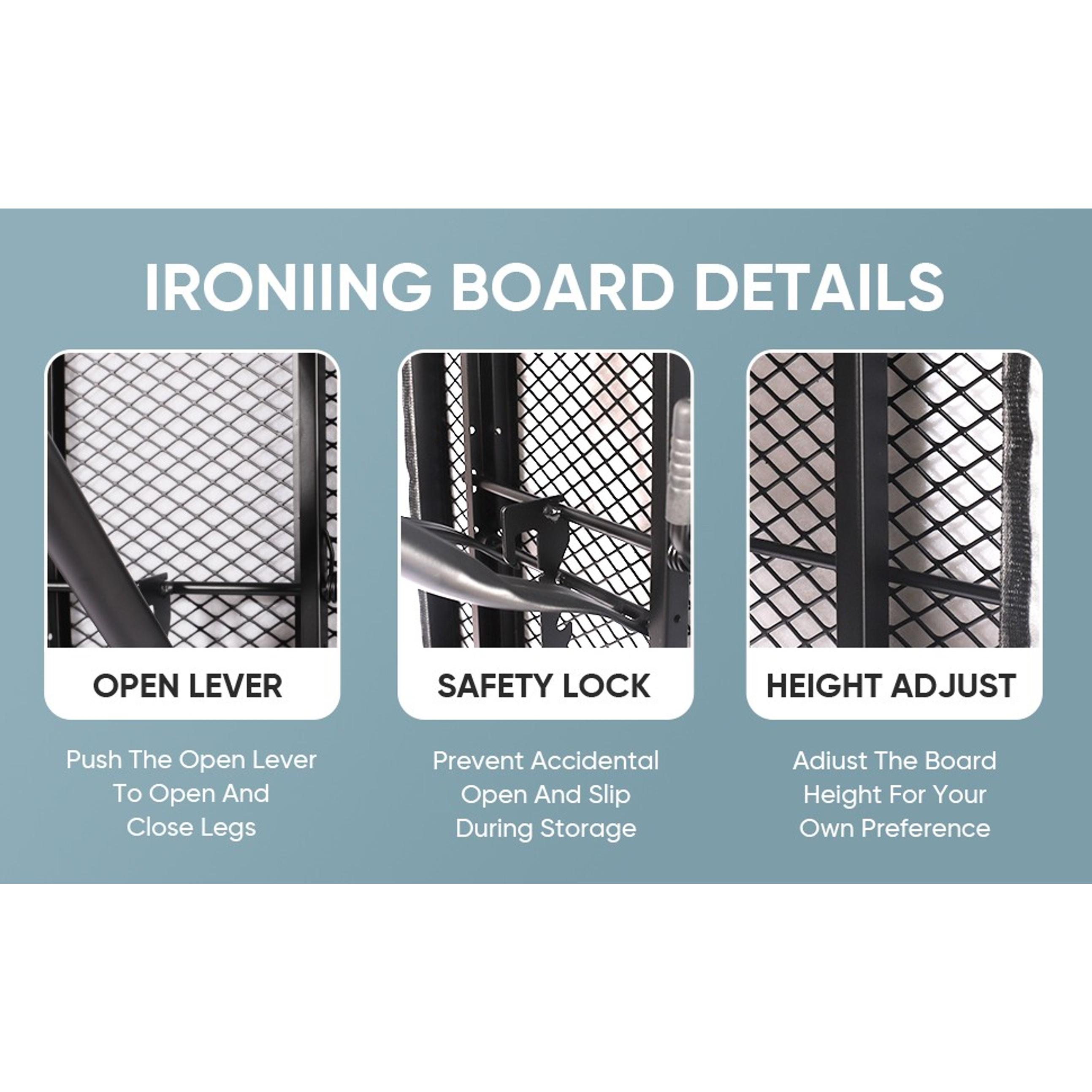 Deluxe Full-Size Ironing Board - Smooth Silicone Heat-Resistant Cover, Thick Felt Pad, Heavy Sturdy Legs, Lightweight Foldable Design, Built-In Hanger (L-Grey)