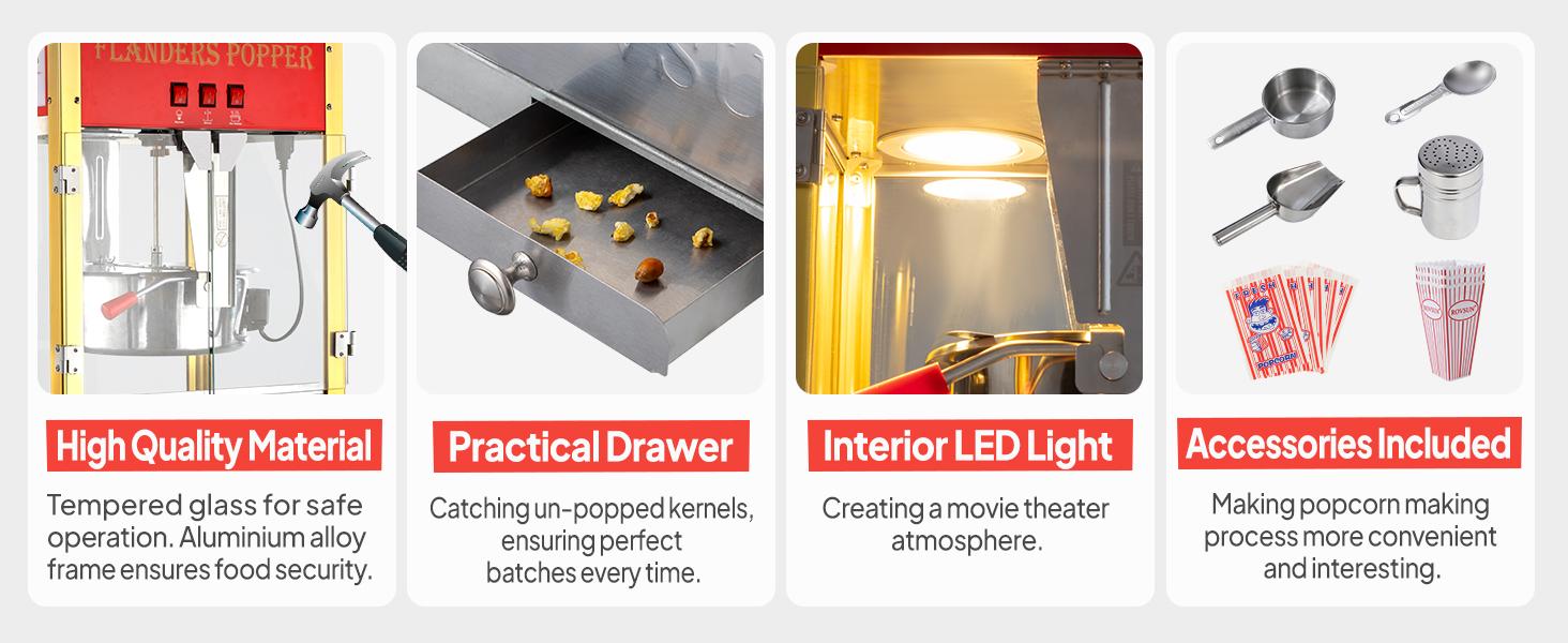 ROVSUN Popcorn Machine with 8/10/12/16 Ounce Kettle Makes Up to 32 Cups, Commercial Popcorn Machine Countertop Popcorn Maker w/Stainless Steel Scoop, Oil Spoon & 3 Popcorn Cups for Home Movie Theater