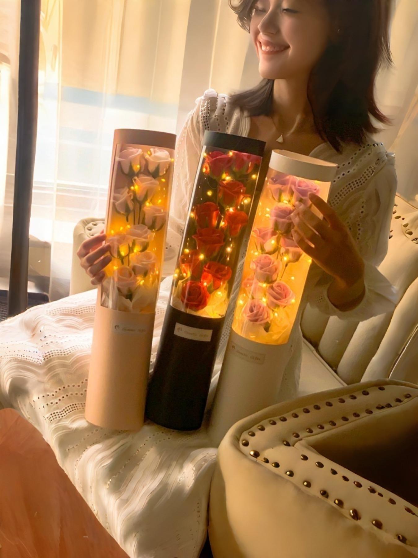 Valentine's Day Custom Rose Bouquet Hug Bucket, Realistic Artificial Flowers, Star Lights, Anniversary Romantic Gift, Wedding Party Decor