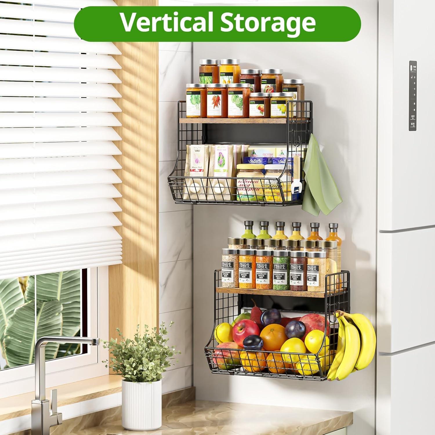 Magnetic Shelf for Fridge with Wood Lid, Fruit Potato and Onion Storage Bins, Pantry Organizers and Storage, Strong Magnetic Spice Rack for Refrigerator, Kitchen Counter and Laundry Room, Wooden