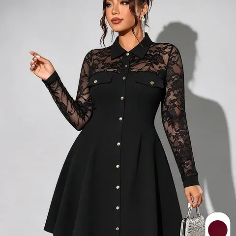 Plus Size Lace Collared Dress, Slim Fit For Fall Winter, For Dinner Party, Date Night, Office Work, Holiday Event, Button Front Waist A-Line Little Black Dress