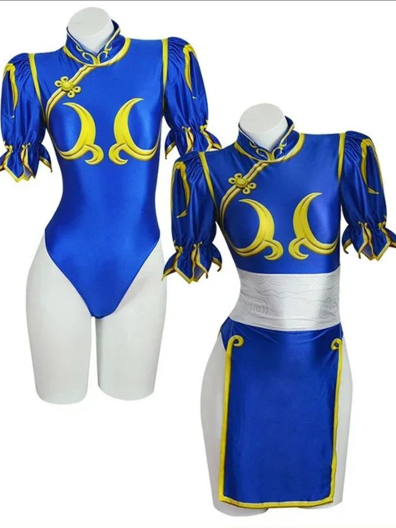 Women's Street Fighter Chun Li Costume, Blue Qipao with Headpiece and Belt, Halloween Dress, Role Play Game