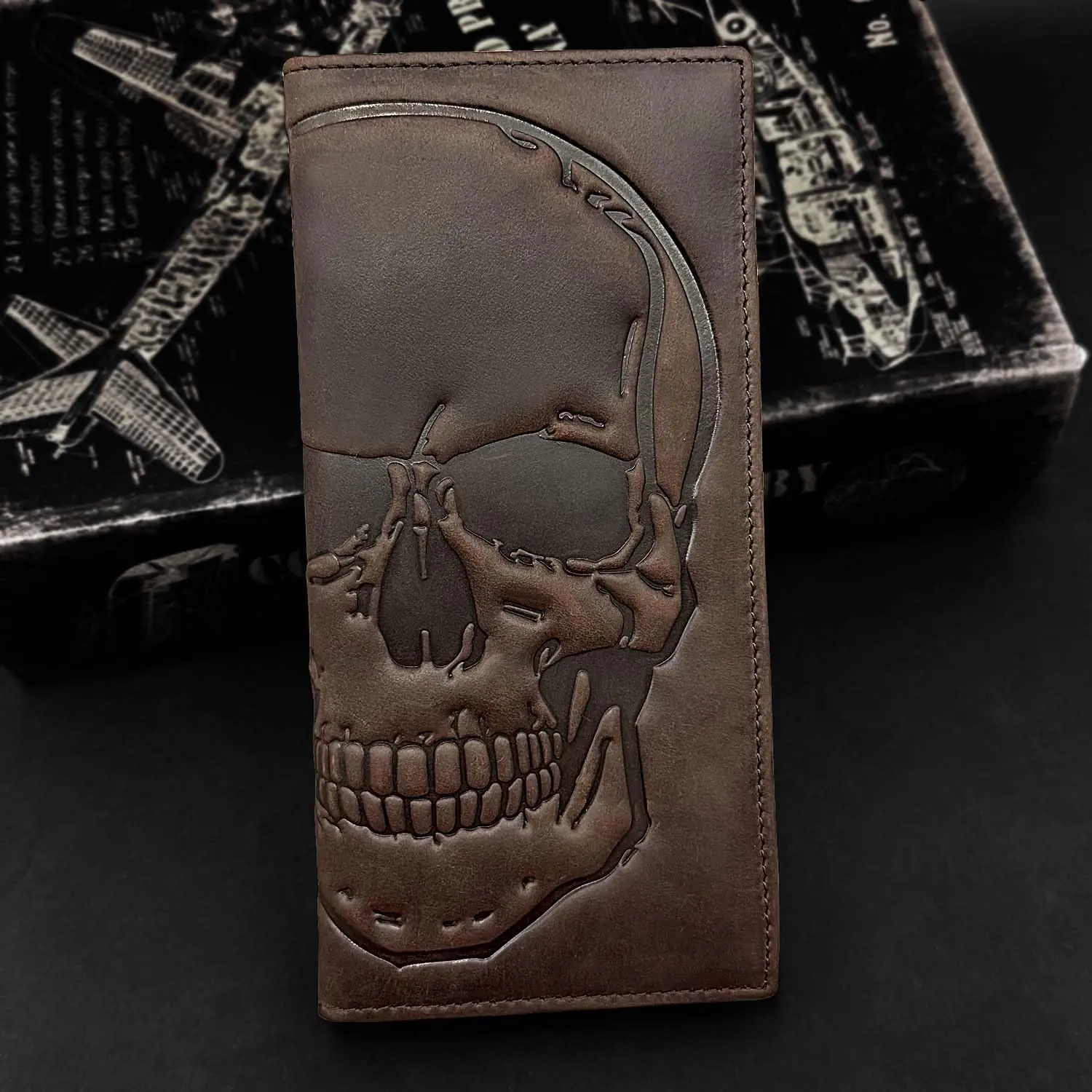 Men's Biker Motorcycle Skull Genuine Cowhide Wallet - Durable Bifold, Casual Credit Card Holder, Long Leather Purse