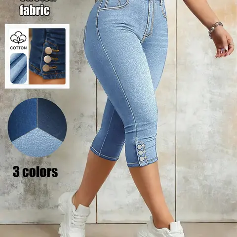 Women's Pockets Button Stretch Slim Fit Denim Capri Jeans Pants, Cropped Stretchy Jeans, Casual Butt-Lifting Daily Wear for All Seasons