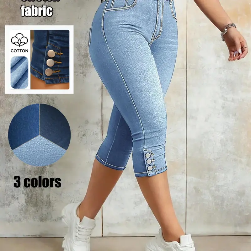 Women's Pockets Button Stretch Slim Fit Denim Capri Jeans Pants, Cropped Stretchy Jeans, Casual Butt-Lifting Daily Wear for All Seasons
