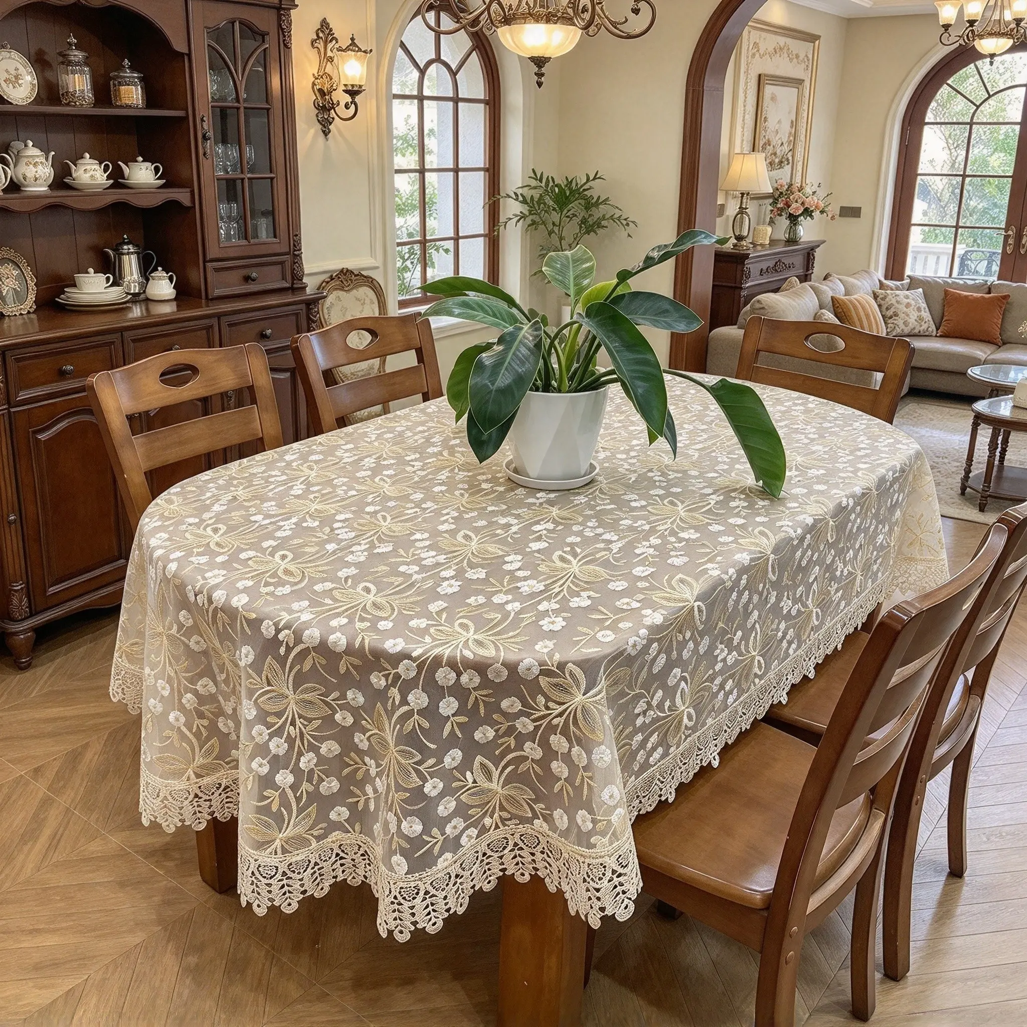Embroidered Lace Trimmed Oval Tablecloth, Coffee Color, Polyester Material, Versatile Sizes, Ideal for Various Settings
