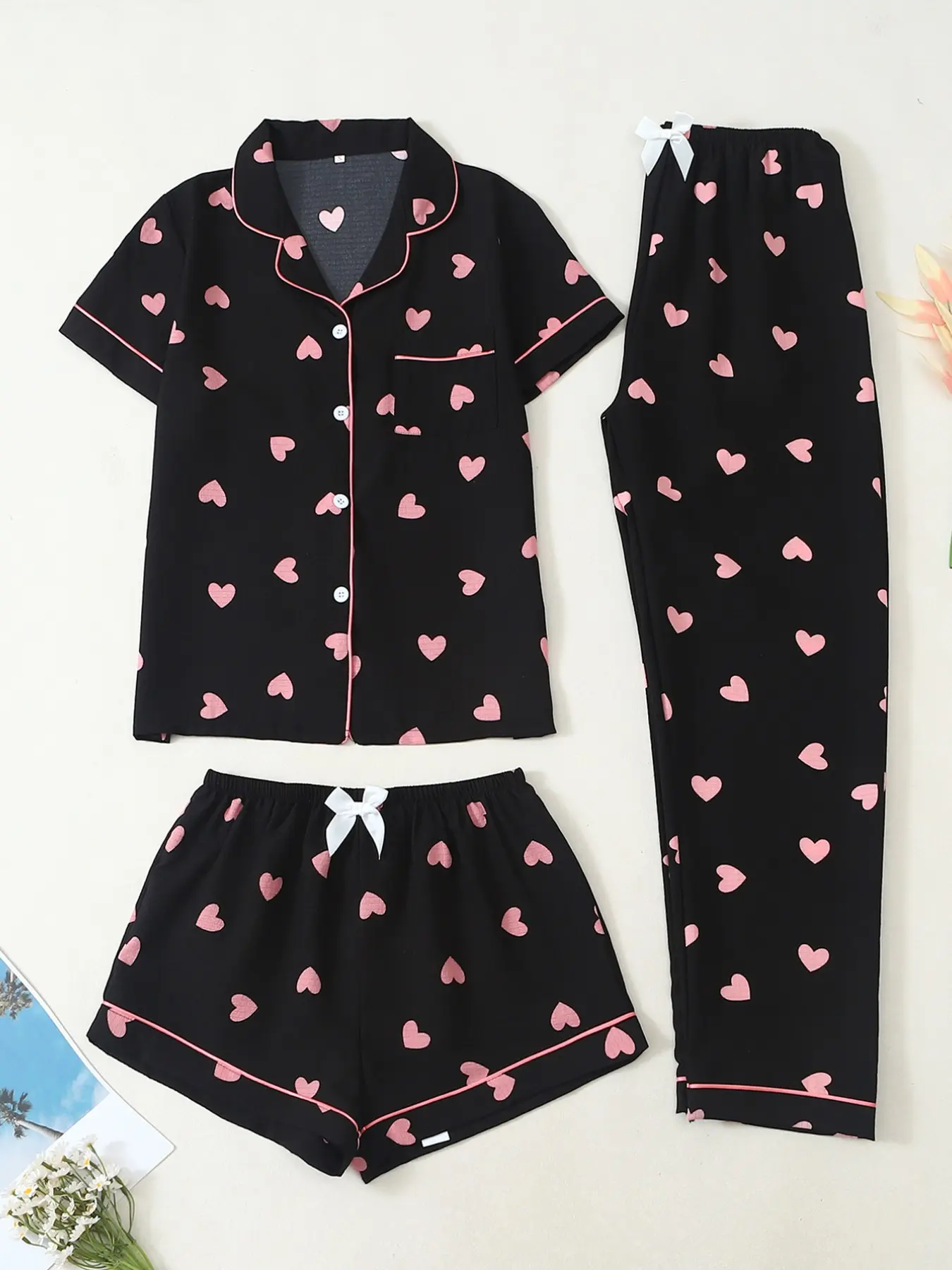 Women’s Heart-Print Three-Piece Pajama Set, Short-Sleeve Button-Up Top with Matching Shorts and Pants, Soft and Cozy Sleepwear for Lounging and Nighttime