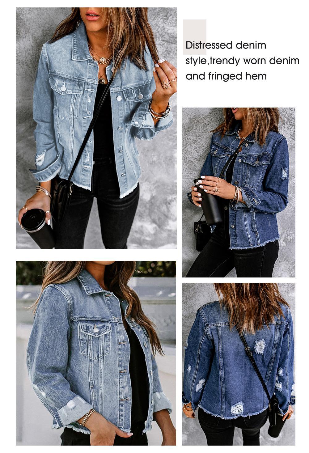 Women's Casual Short Jean Jackets Non Stretch Distressed Ripped Boyfriend Washed Coats Lapel Long Sleeve Denim Jacket Outwear Tops 2026 Womenswear Spring Winter Outfits