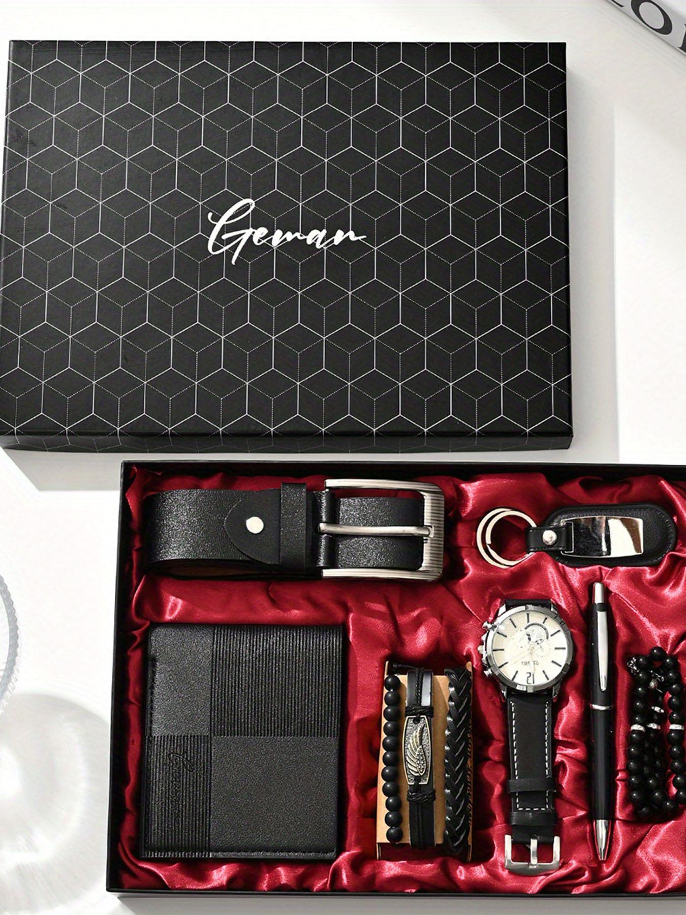 PU leather business men's watch set (wallet + belt + keychain + bracelet + watch + pen + rosary), simple quartz watch set 7pcs/set, exquisite watch gift box, suitable gift box for men