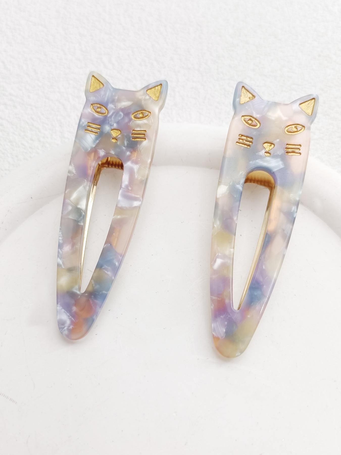 2PCS 7.3cm Cat Acetate Metal Hair Clips - Cute Cat Shape, High-Quality, Durable, Easy to Wear, Hair-Friendly for Daily Use at Work, School, or Dates