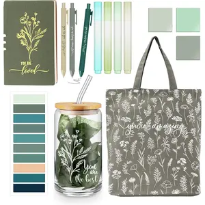 14 Pcs Inspirational Journal Kit for Women Teacher Appreciation Aesthetic A6 Leather Journal Notebook Glass Cup Canvas Tote Bag Motivational Pens Stationery Set for Nurse Mother(Green)