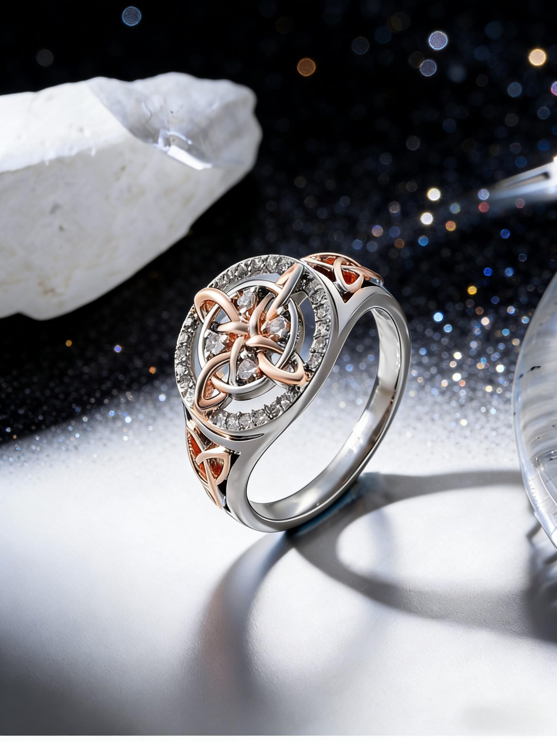 Women's Silver Color Rose Gold Witch Knot Ring, Celtic Knot Design, Embedded Cubic Zirconia Stone, Elegant Jewelry Accessory